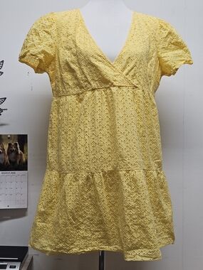 Kiabi Yellow Eyelet Broderie Anglaise V-Neck Tiered Mini Dress Size 14 Cottage
